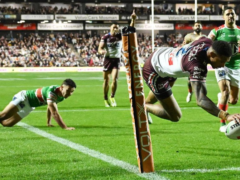 Manly winger Jason Saab scores his second try as the Sea Eagles beat South Sydney. (Dean Lewins/AAP PHOTOS)