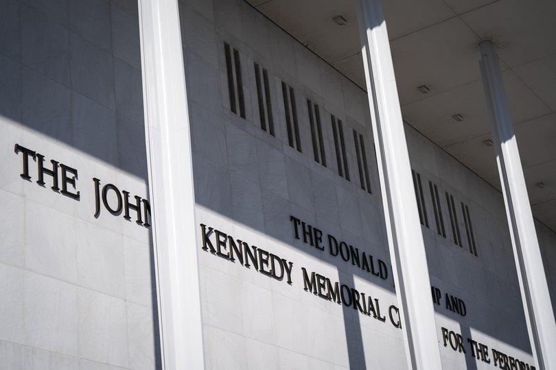 President Donald Trump's name adorns the Kennedy Center facade in Washington in February. (Jabin Botsford/The Washington Post)