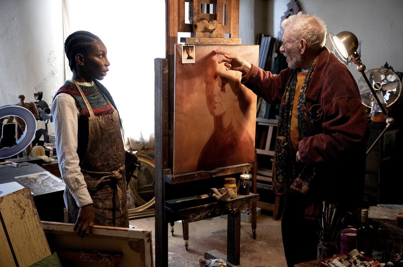 Michaela Coel and Ian McKellan in The Christophers.