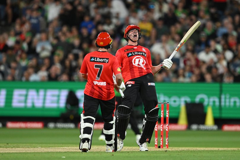Will Sutherland of the Renegades (right) reacts after hitting a six to defeat the Stars.