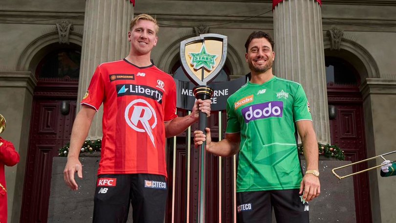 Marcus Stoinis of the Stars and Will Sutherland of the Renegades pose during a Melbourne Mace BBL Media Opportunity at Fitzroy Town Hall on December 19, 2025 in Melbourne, Australia.