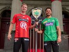 Marcus Stoinis of the Stars and Will Sutherland of the Renegades pose during a Melbourne Mace BBL Media Opportunity at Fitzroy Town Hall on December 19, 2025 in Melbourne, Australia.