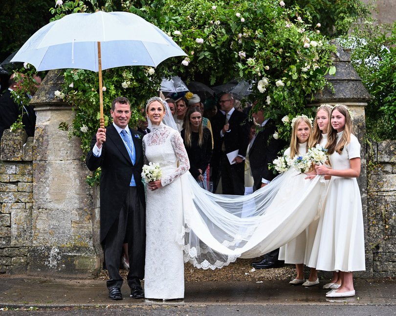 Peter Phillips and Harriet Sperling depart from their Royal wedding alongside bridesmaids Georgina Sperling, Savannah Phillips and Isla Phillips at All Saints' Church on June 06, 2026 in Kemble, England.