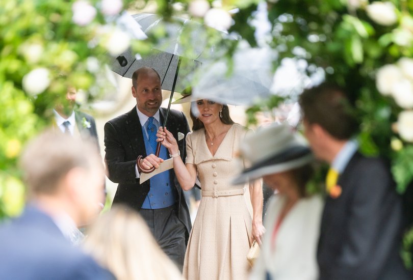 Catherine, Princess of Wales and Prince William, Prince of Wales leave the Royal wedding of Peter Phillips and Harriet Sperling at All Saints Church on June 06, 2026 in Kemble, England. (Photo by Samir Hussein/WireImage)