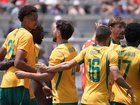 The Socceroos celebrate their goal by Tete Yengi (l) in a 1-1 draw with Switzerland. (AP PHOTO)
