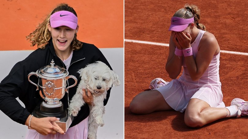 Mirra Andreeva celebrates her French Open title.