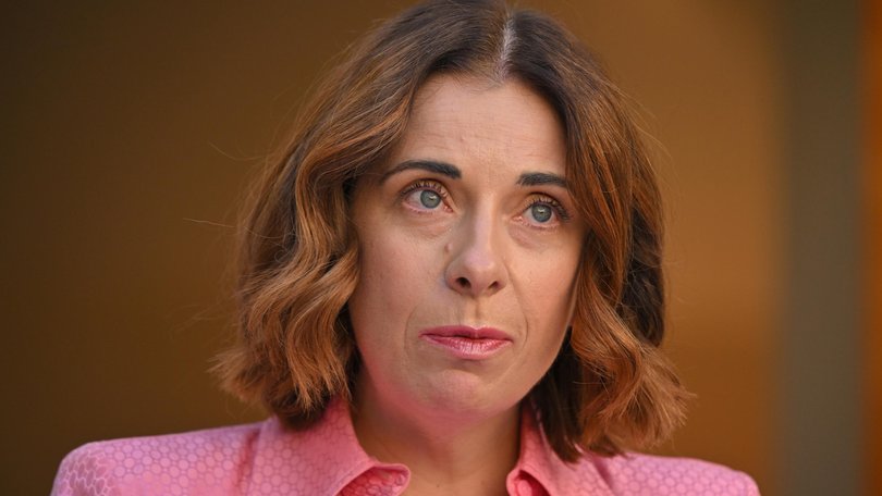 Minister for Communications Anika Wells speaks to the media during a press conference at Parliament House in Canberra, Tuesday, April 28, 2026. (AAP Image/Mick Tsikas) NO ARCHIVING, EDITORIAL USE ONLY MICK TSIKAS