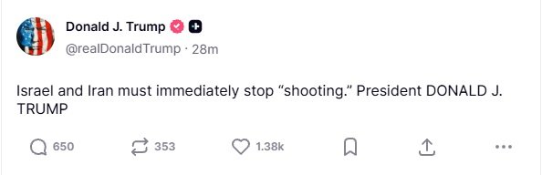 Donald Trump posted on Truth Social calling for the 'shooting' to stop.