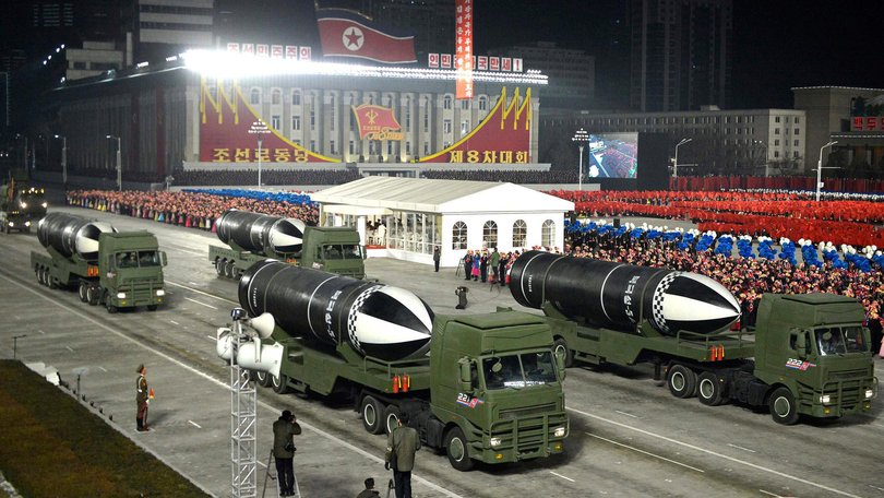 A military parade in Pyongyang in a photograph distributed by the state-run North Korean Central news agency.