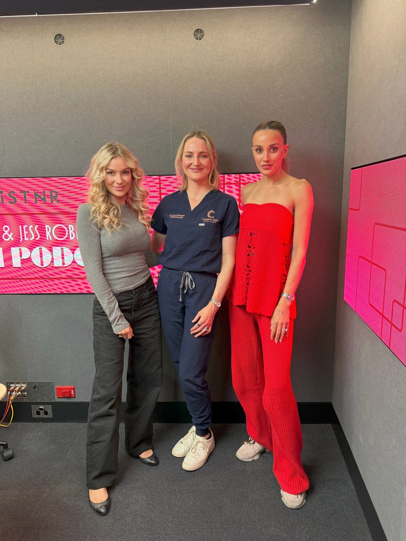 Jess Roberts and Bec Judd with their guest dermatologist Dr Cara McDonald. 