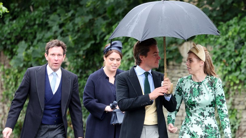 Jack Brooksbank, Princess Eugenie of York, Edoardo Mapelli Mozzi and Princess Beatrice of York arrive for the Royal wedding of Peter Phillips and Harriet Sperling at All Saints' Church on June 06, 2026 in Kemble, England.