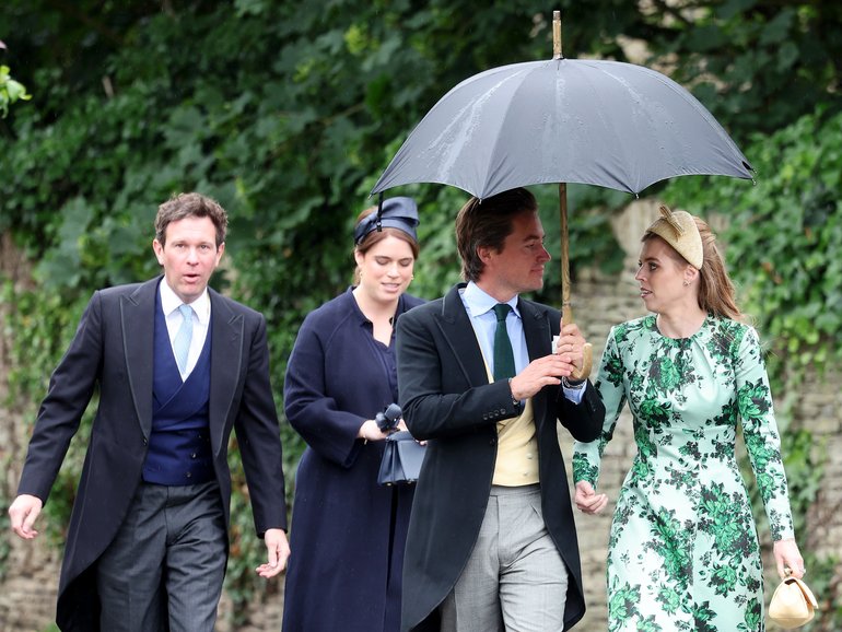 Jack Brooksbank, Princess Eugenie of York, Edoardo Mapelli Mozzi and Princess Beatrice of York arrive for the Royal wedding of Peter Phillips and Harriet Sperling at All Saints' Church on June 06, 2026 in Kemble, England. 