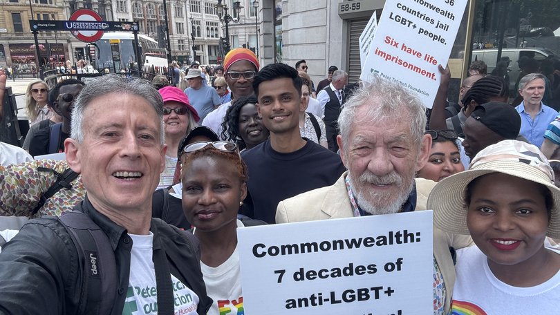 Peter Tatchell and Sir Ian McKellan outside the Uganda High Commission in London for the Commonwealth Walk of Shame.