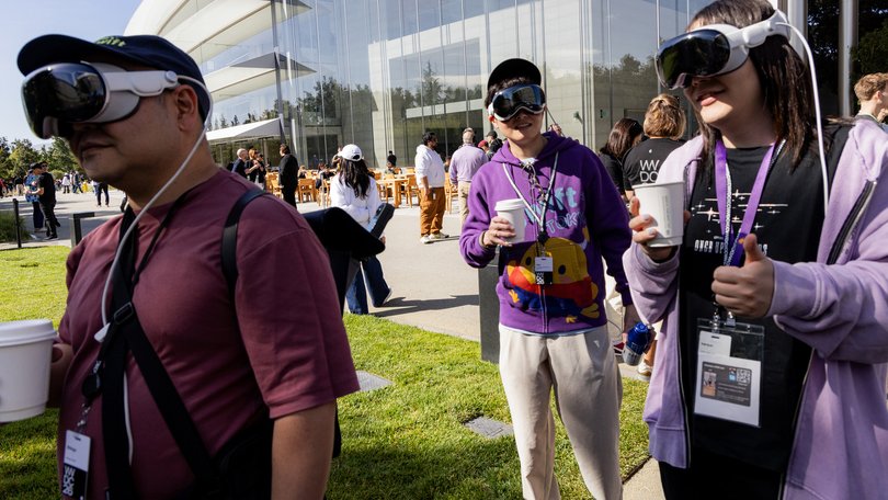 Attendees mingle outside Apple's annual developers conference.
