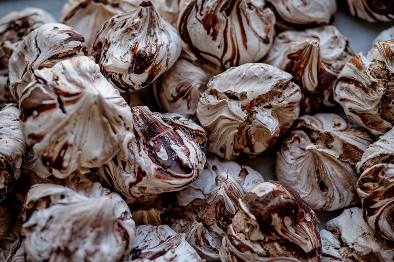 Chocolate swirl meringue sweets at Osterlenchoklad in Skane-Transas, Swede.