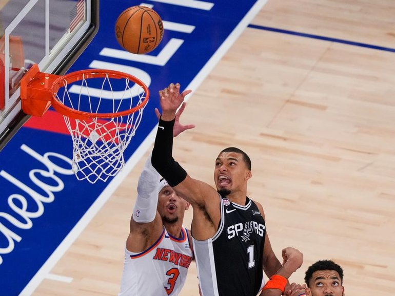 Victor Wembanyama (1) has produced an impressive all-round game to help the Spurs beat the Knicks. (AP PHOTO)