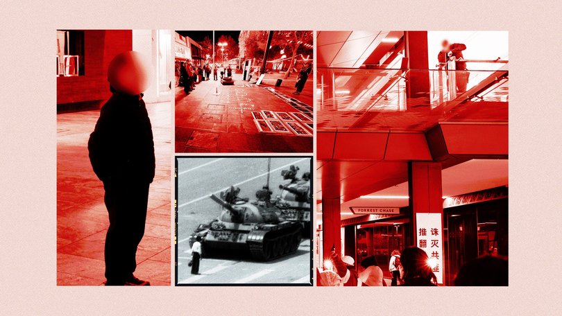 Photographs of the Perth vigil and, inset, an unknown man stands front of tanks in Tiananmen Square in 1989.