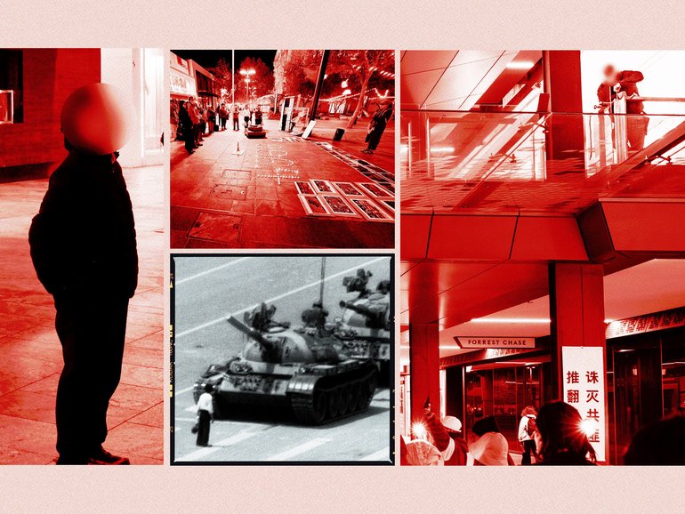Photographs of the Perth vigil and, inset, an unknown man stands front of tanks in Tiananmen Square in 1989.