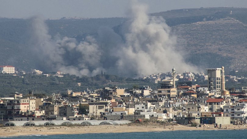 Smoke rises from the sites of Israeli airstrikes on the village of Al-Qlaileh in southern Lebanon.