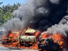Flames engulf vehicles following an Israeli airstrike that hit a car in Sidon on June 10, 2026. An Israeli strike hit a car in the centre of the southern Lebanese city of Sidon on June 10, state media reported, as Israel persisted with its attacks across the country's south. (Photo by Mahmoud ZAYYAT / AFP) / 