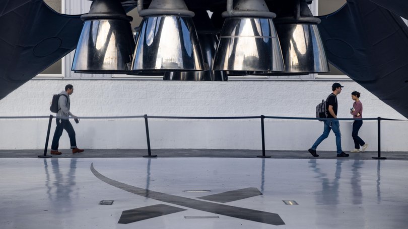 A SpaceX Falcon 9 reusable rocket booster on display outside the company's facilities in Hawthorne, California.