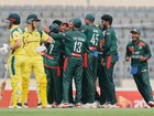 Bangladesh's players celebrate the wicket of Australia's Marnus Labuschagne, second left, during the first one day international cricket match between Australia and Bangladesh on Tuesday.