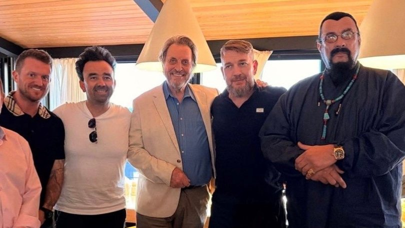 Tommy Robinson (far left) with Errol Musk (centre), Sergei Sergienko and Steven Seagal at the Hilton Hotel in Moscow earlier this month.