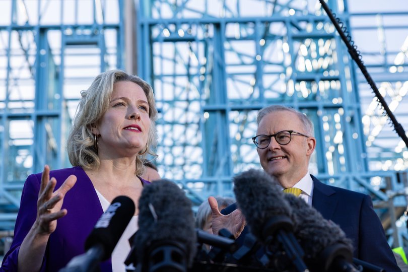 Housing Minister Clare O’Neil (left) insists progress will ramp up soon and quickly, and that the plan is far broader. Pictured with Prime Minister Anthony Albanese.