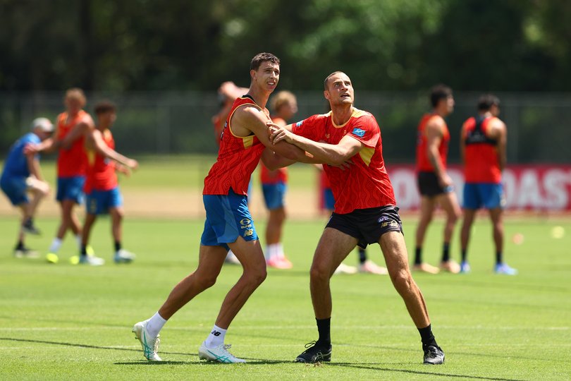 Jarrod Witts and Max Knobel during a Gold Coast Suns AFL training session in 2024.