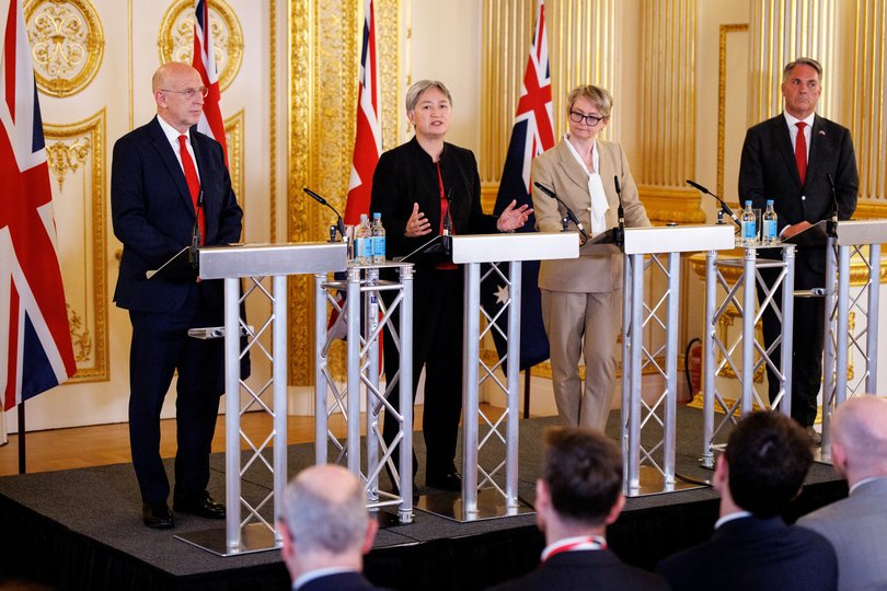 UK Defence Secretary John Healey, Australian Foreign Affairs Minister Penny Wong, UK Foreign Secretary Yvette Cooper and Richard Marles, Australia's Defence Minister, at the annual AUKMIN summit in London, UK, on Wednesday, June 10, 2026.