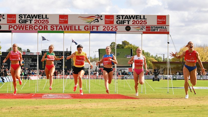 Stapleton (pink, first from left) finishes third in the 2025 Stawell Gift final.