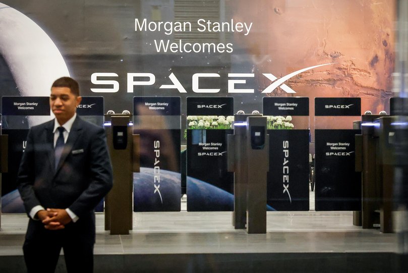 SpaceX signage at the Morgan Stanley headquarters in Times Square.