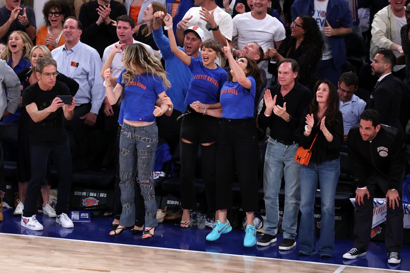 Ben Stiller, Este Haim, Taylor Swift, and Mariska Hargitay react during the fourth quarter in Game Four of the 2026 NBA Finals
