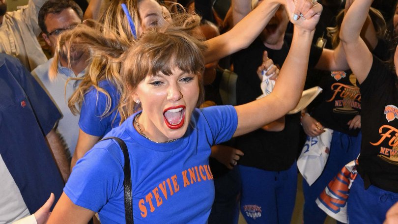 Taylor Swift celebrates after Game Four of the 2026 NBA Finals between the San Antonio Spurs and the New York Knicks.