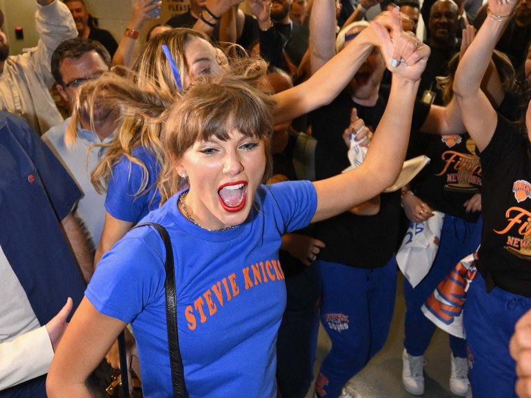 Taylor Swift celebrates after Game Four of the 2026 NBA Finals between the San Antonio Spurs and the New York Knicks.