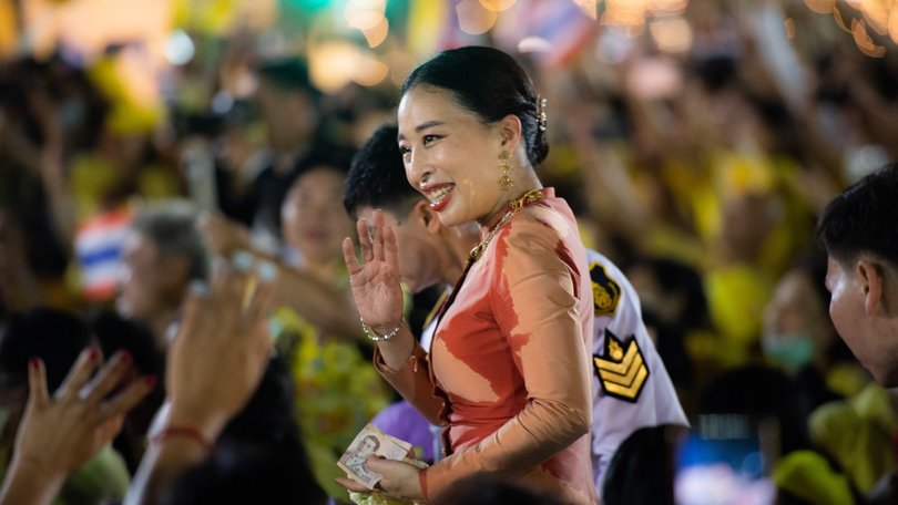 Princess Bajrakitiyabha greets royalist supporters outside the Grand Palace in Bangkok on November 1, 2020.