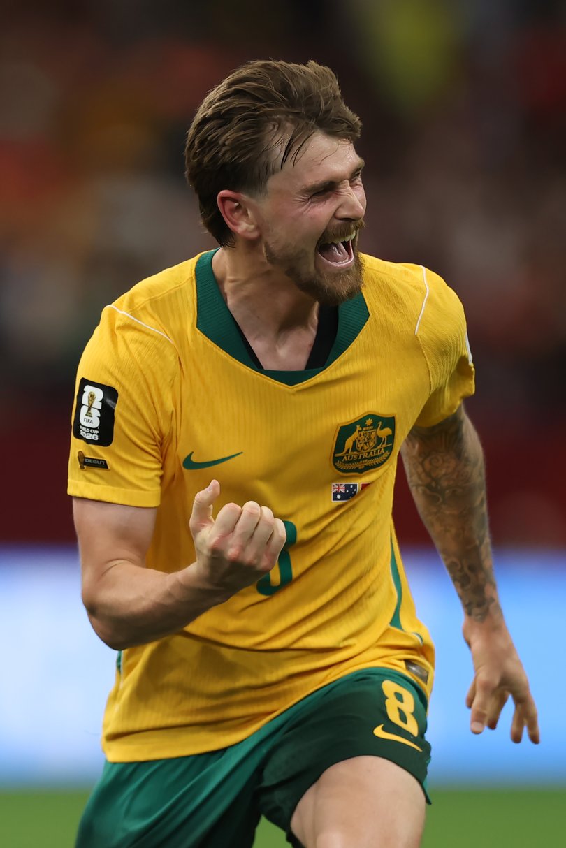 VANCOUVER, BRITISH COLUMBIA - JUNE 13: Connor Metcalfe #8 of Australia celebrates scoring his team's second goal during the FIFA World Cup 2026 Group D match between Australia and Türkiye at BC Place Vancouver on June 13, 2026 in Vancouver, British Columbia. (Photo by Dean Mouhtaropoulos/Getty Images)