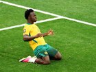 Nestory Irankunda #17 of Australia celebrates scoring his team's first goal.