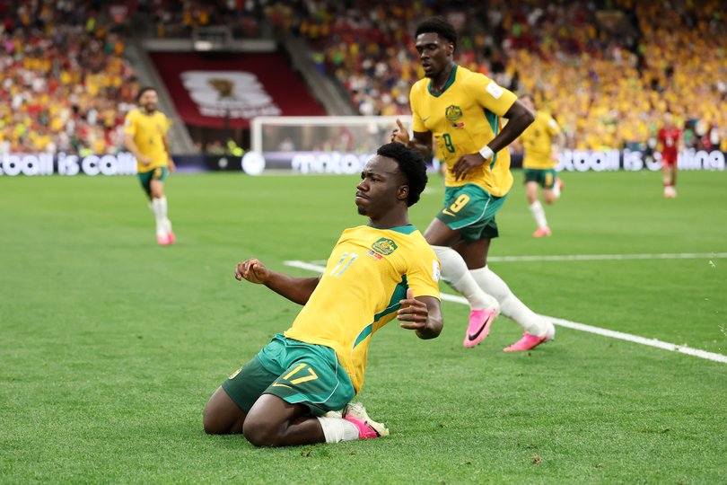Nestory Irankunda #17 of Australia celebrates scoring his team's first goal against Turkiye.