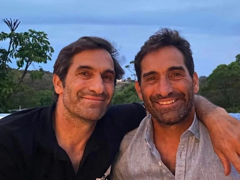 Mercury Psillakis (left) with twin brother Mike. Mercury was killed in a fatal shark attack at Dee Why Beach in 2025. 