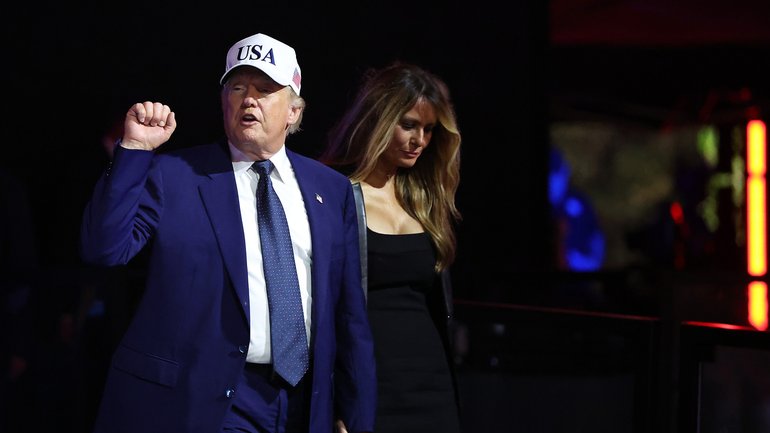 US President Donald Trump and First Lady Melania Trump are seen during UFC Freedom 250 at the White House