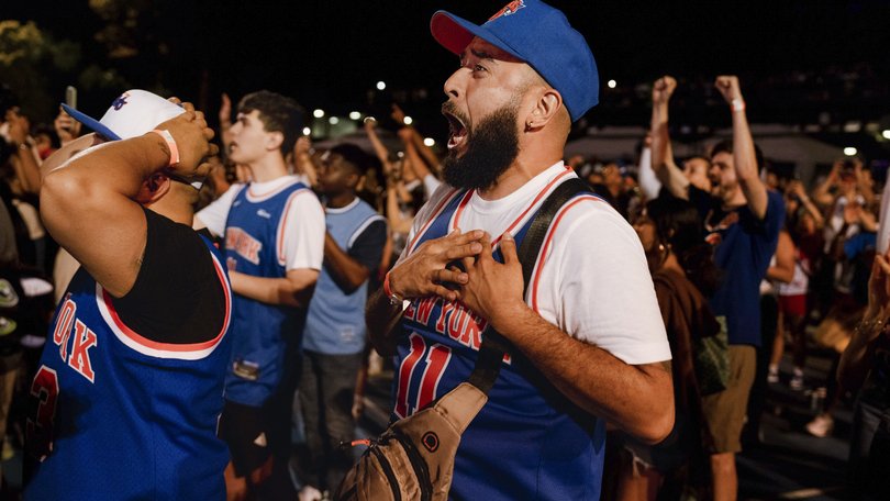 New York Knicks fans celebrate in New York after their team won the NBA Championship on Saturday, June 13, 2026.