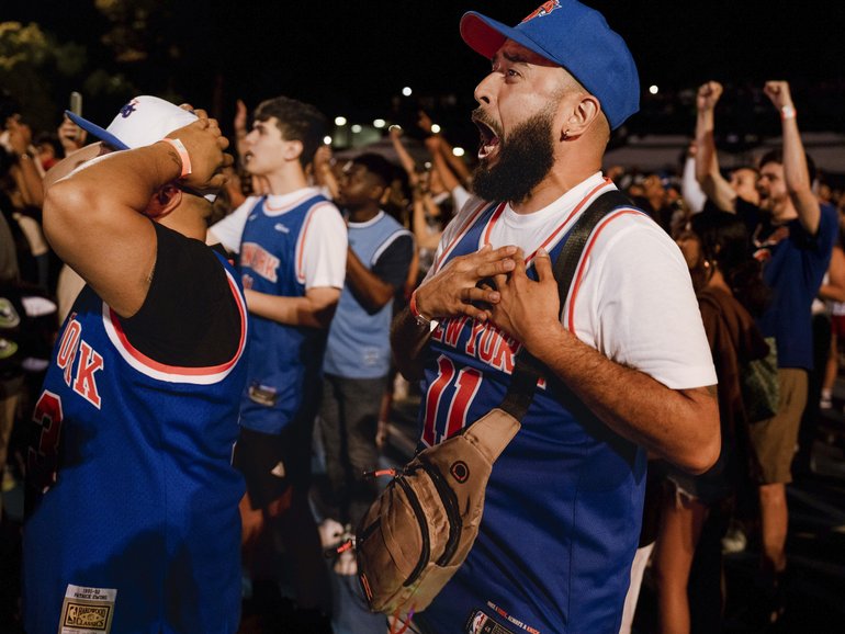 New York Knicks fans celebrate in New York after their team won the NBA Championship on Saturday, June 13, 2026. 