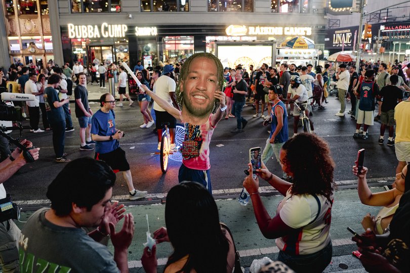 New York Knicks fans celebrate at Times Square after their team won the NBA Championship, on Saturday, June 13, 2026.