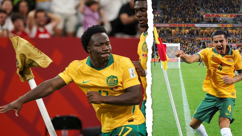 Nestory Irankunda and Tim Cahill's goal celebrations.