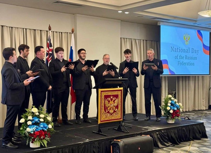 The Russian Orthodox Male Choir perform at the Russian Embassy in Canberra.