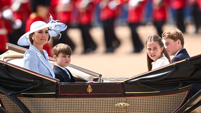 Members of the anti-monarchy group, Republic, jeered as Princess Kate, Prince George, Princess Charlotte and Prince Louis travelled down The Mall during the procession for King Charles’ official birthday.