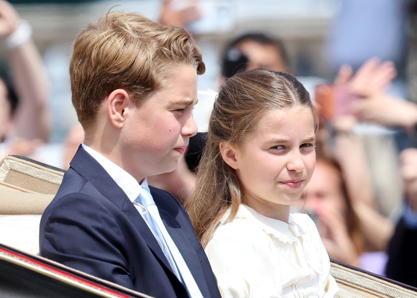 LONDON, ENGLAND - JUNE 13: Prince George of Wales and Princess Charlotte of Wales during Trooping The Colour on June 13, 2026 in London, England. Trooping The Colour is a ceremonial parade celebrating the official birthday of the British Monarch. The event features over 1400 soldiers of the Household Division and King's Troop Royal Horse Artillery, including over 400 musicians from the Massed Bands. (Photo by Chris Jackson/Getty Images)