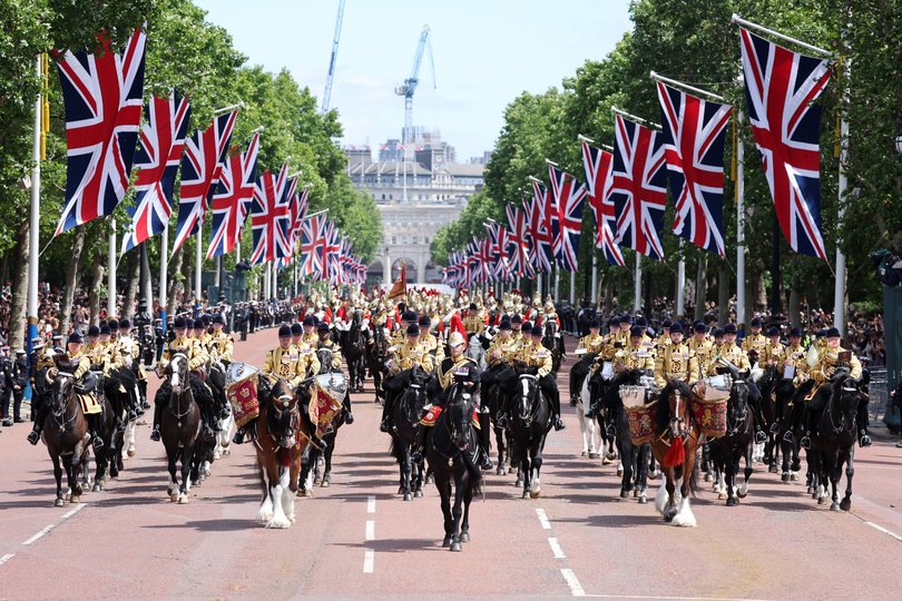LONDON, ENGLAND - JUNE 13: The Mounted Band of the Household Cavalry parade down The Mall during Trooping The Colour on June 13, 2026 in London, England. Trooping The Colour is a ceremonial parade celebrating the official birthday of the British Monarch. The event features over 1400 soldiers of the Household Division and King's Troop Royal Horse Artillery, including over 400 musicians from the Massed Bands. (Photo by Chris Jackson/Getty Images)