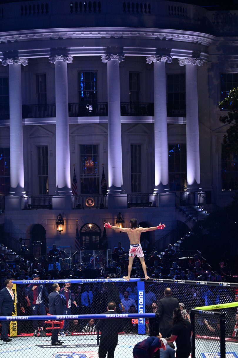 Diego Lopes celebrates after winning his match against Steve Garcia during UFC Freedom 250.